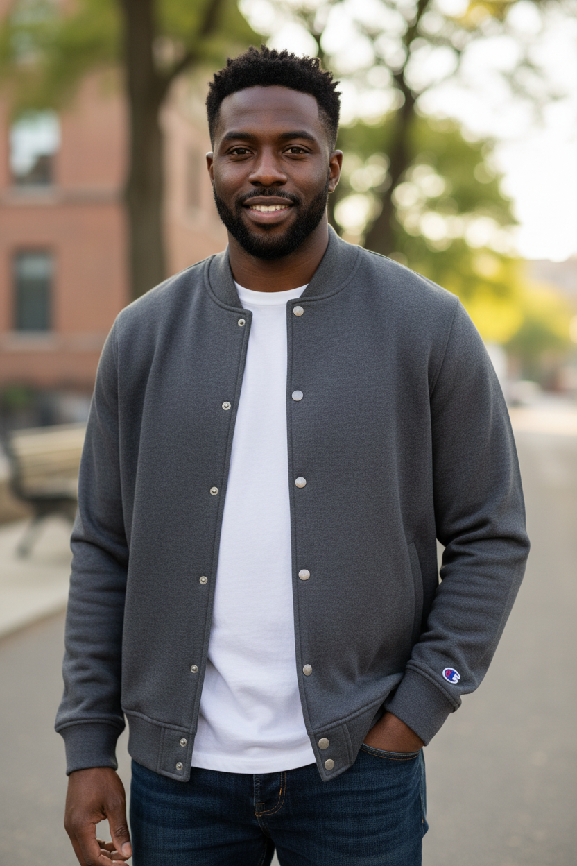 Black man wearing Champion charcoal gray varsity bomber jacket