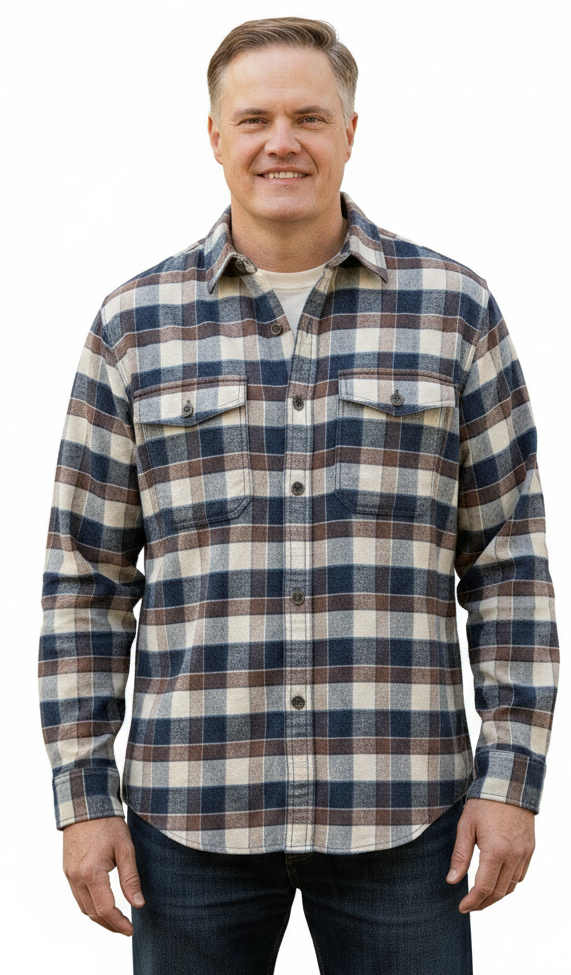 Man in Plaid Flannel Shirt with Sleeves Down on White Background