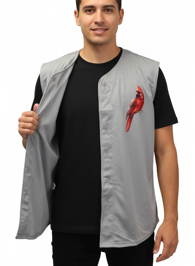 Man wearing the garment open over a black tee on a white background