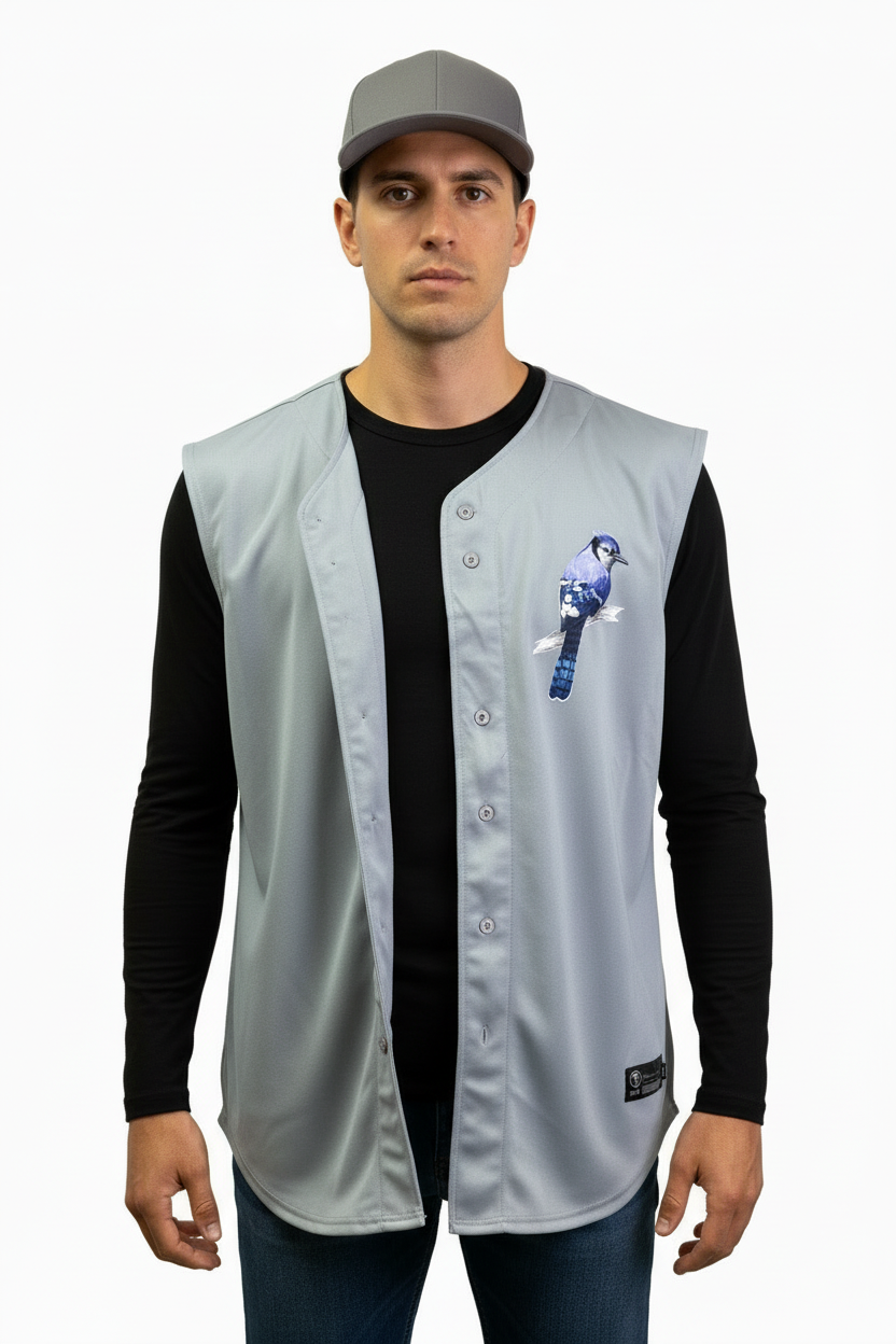 Man wearing the open jersey over a black shirt with a gray baseball cap