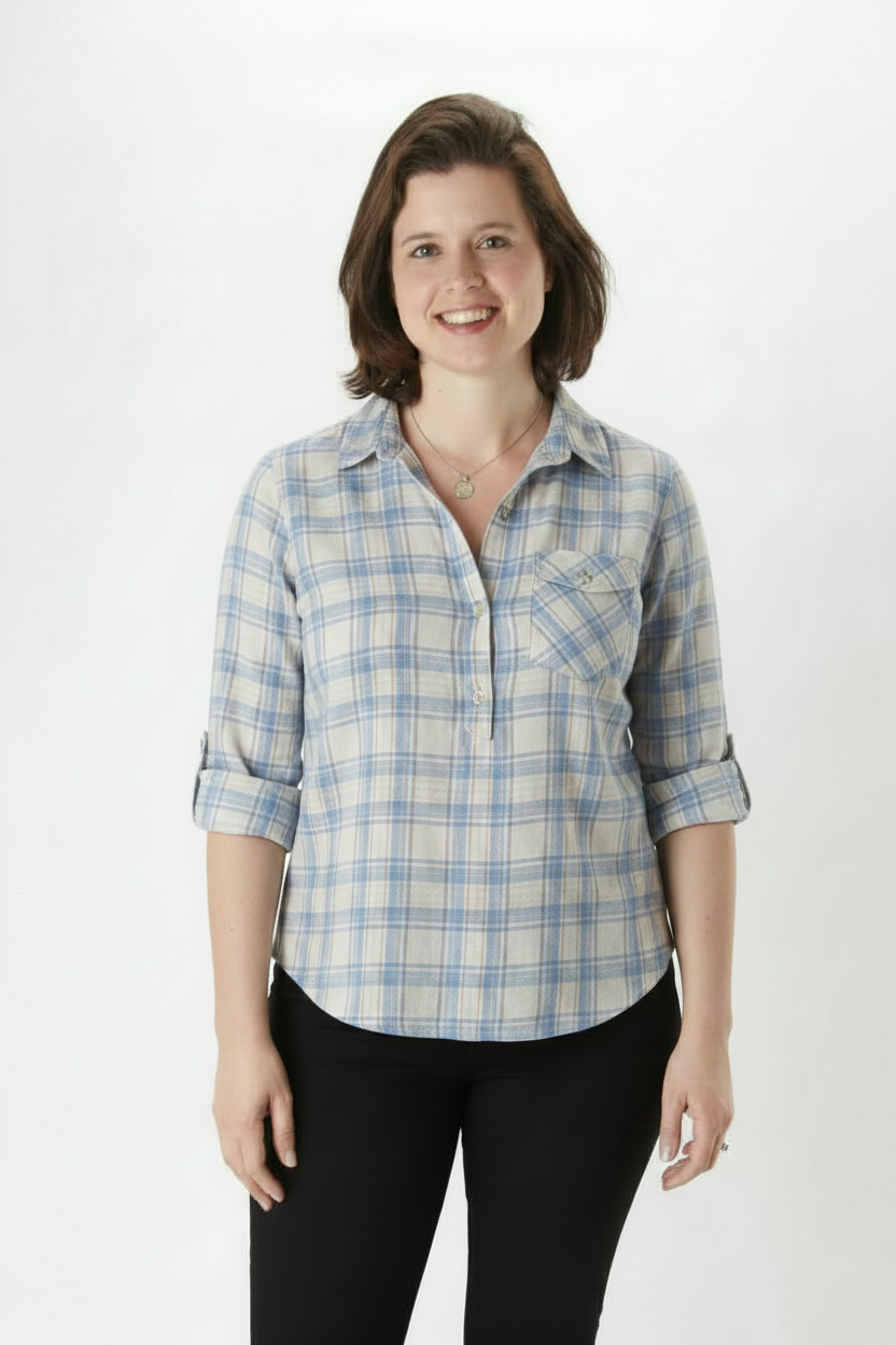 Model in Blue White Plaid Shirt