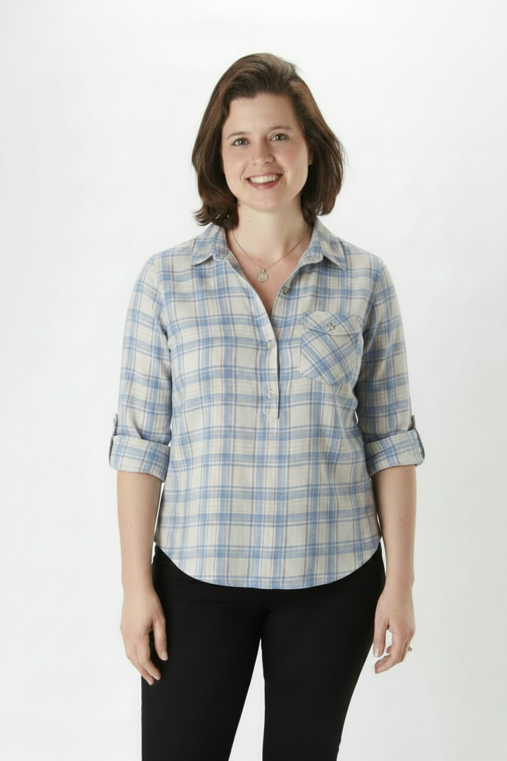 Model in Blue White Plaid Shirt