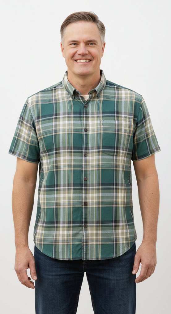Model wearing plaid shirt on white background