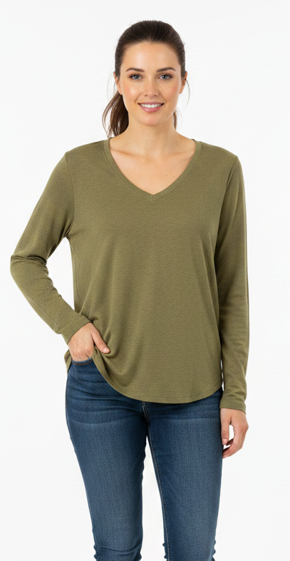 Model wearing the Eddie Bauer Olive V-Neck Tee