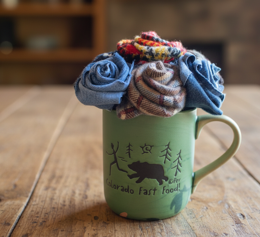 Necktie and denim rose bouquet with noticeably brighter roses