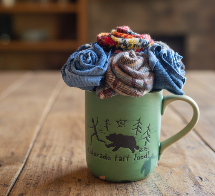 Necktie and denim rose bouquet with noticeably brighter roses