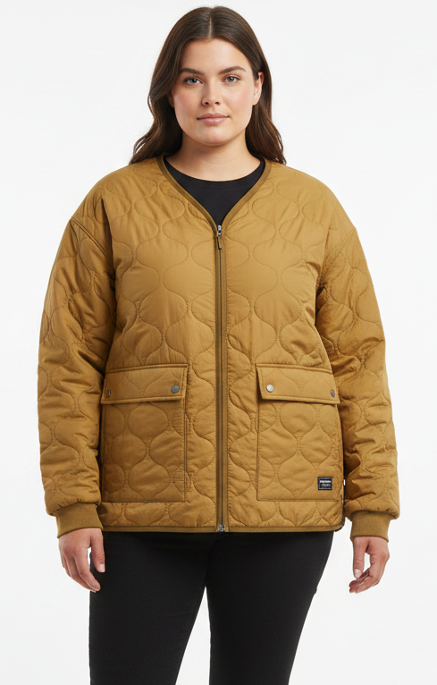 Plus size model with jacket fully zipped to the chin