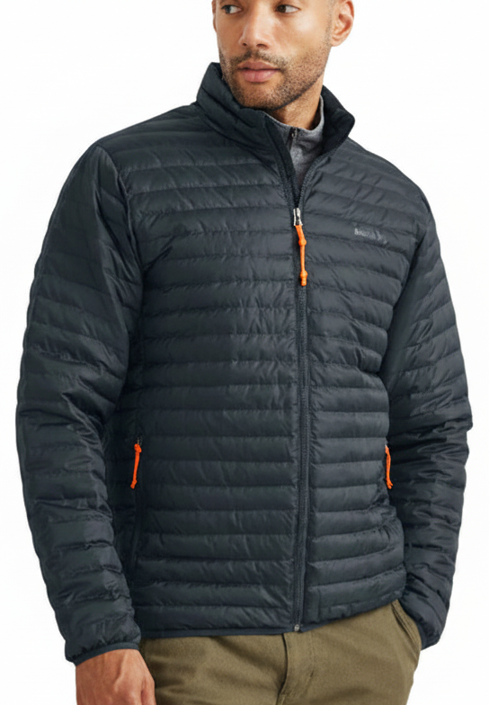 Product with orange zipper pull cords at neck and pockets