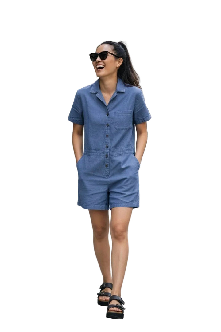 New Eddie Bauer Womens Blue Bird Hemplify Button Front Collared Utility Romper