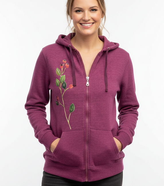 Smiling woman wearing the berry hoodie with source-matched berry placement