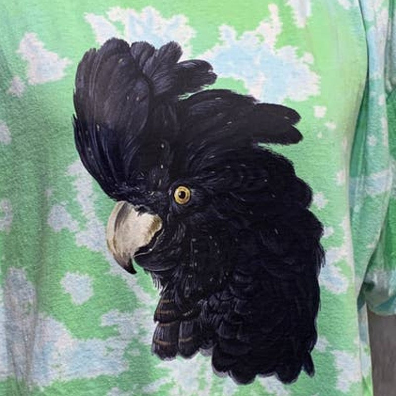 Upcycled Hand Printed XL Black Cockatoo Parrot Ukraine Artist Fundraiser Tee