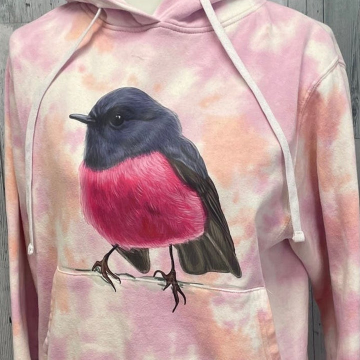 Upcycled Hand Printed Womens Small Pink Robin Bird Tie Dye Sweatshirt Hoodie