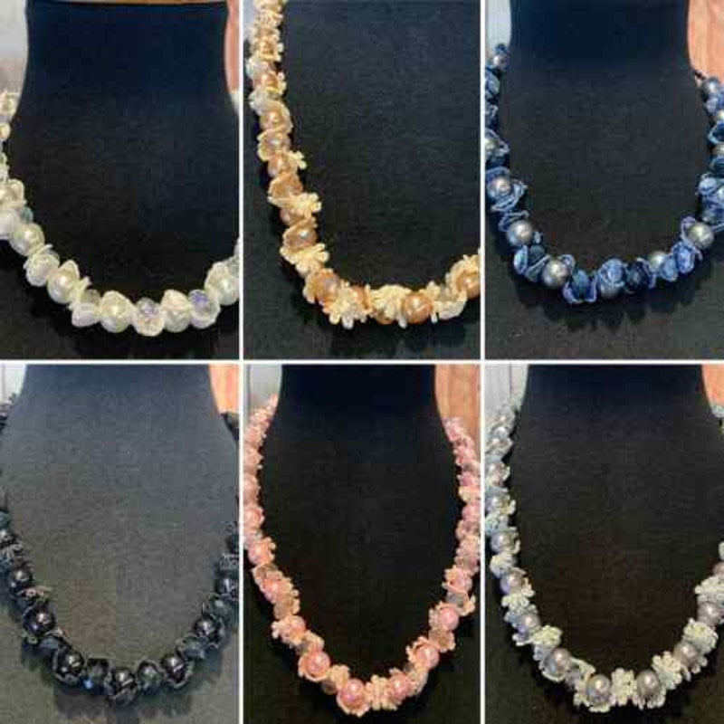 New 6 White Blue Pink Peach Silver Black Faux Pearl Lace Womens Necklaces Lot