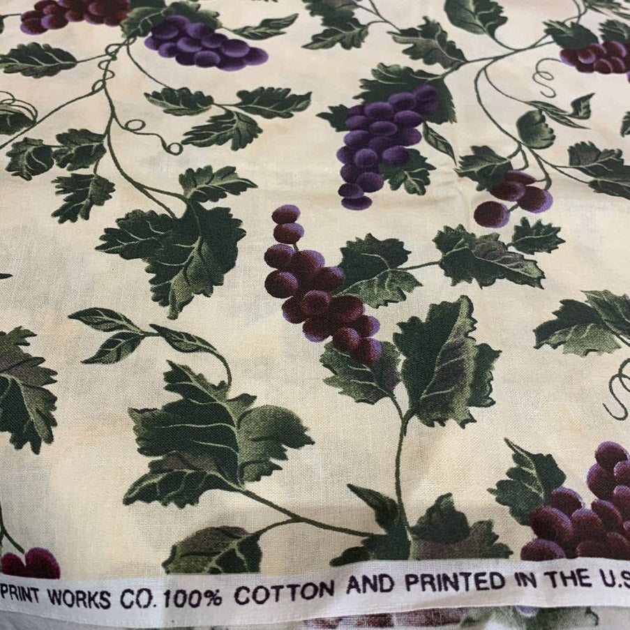 1/2 yd Cranston Print Works Purple Red Grapes on Tan Cotton Fabric Remnant