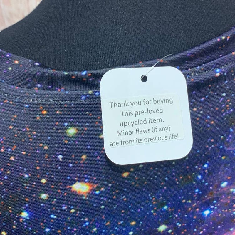 Hand Printed Upcycled Womens Small Saving the Planet is My Superpower Cosmic Tee