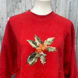 Hand Printed XL Upcycled Christmas Holly Leaves Berries Crew Neck Sweatshirt