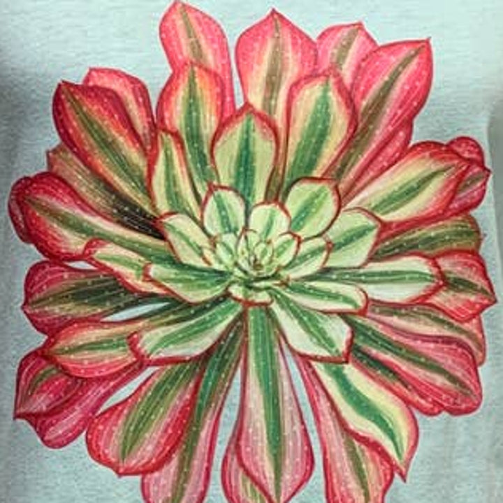 New Hand Printed Medium Pink Green Succulent Cactus CottonBlend Short Sleeve Tee