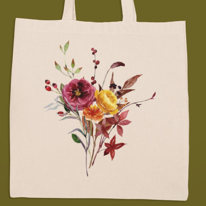 New Hand Printed Back to School Autumn Flower Bouquet Teacher Gift Tote Bag