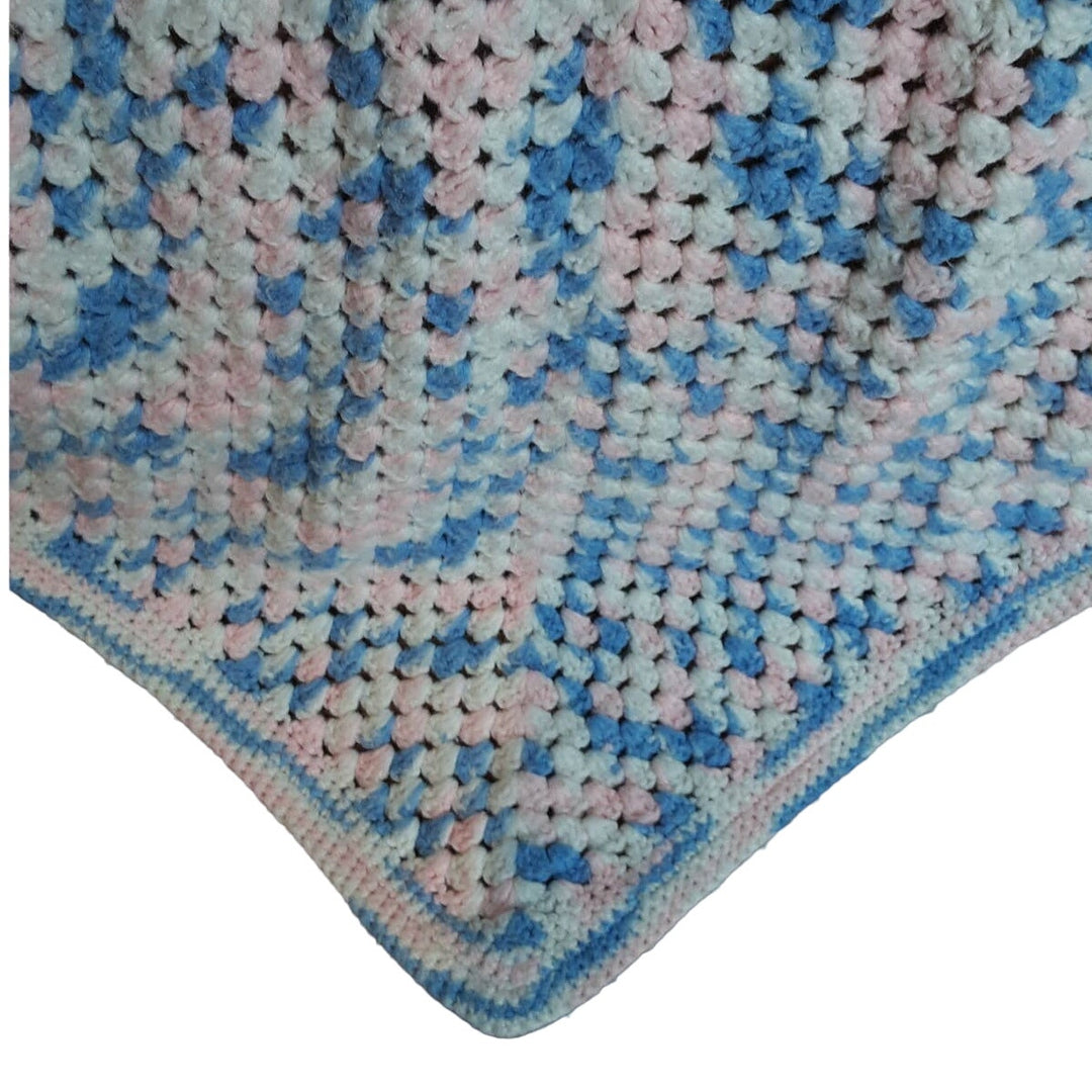 Handmade Pastel Blue Pink White Crocheted Baby Blanket Afghan Throw 35" Square