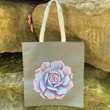 Upcycled Hand Printed Purple Blue Succulent Cactus Rose Flower Tote Bag