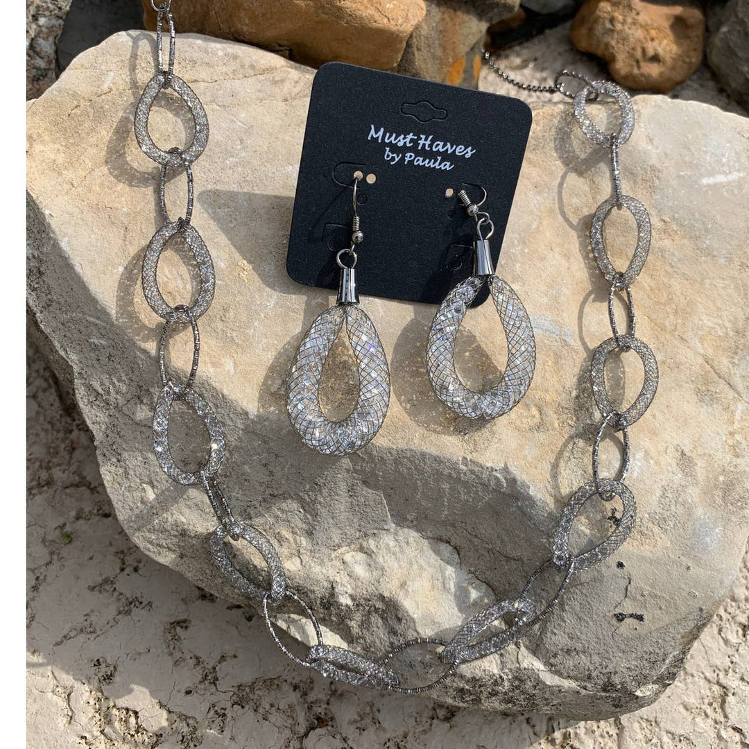 New 2pc Silver Pewter Chain Necklace Earring Jewelry Set Red Gift Box