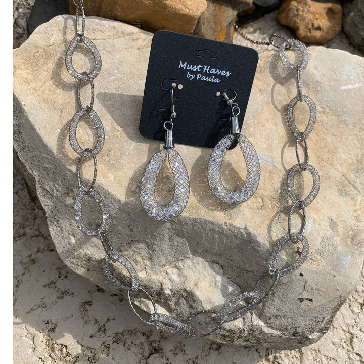 New 2pc Silver Pewter Chain Necklace Earring Jewelry Set Red Gift Box