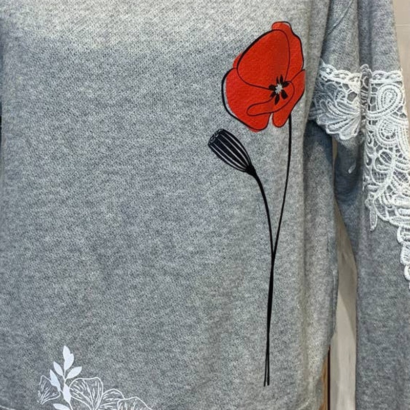 Hand Printed Upcycled Small Red Poppy Flower PolyCotton Long Sleeve Sweatshirt