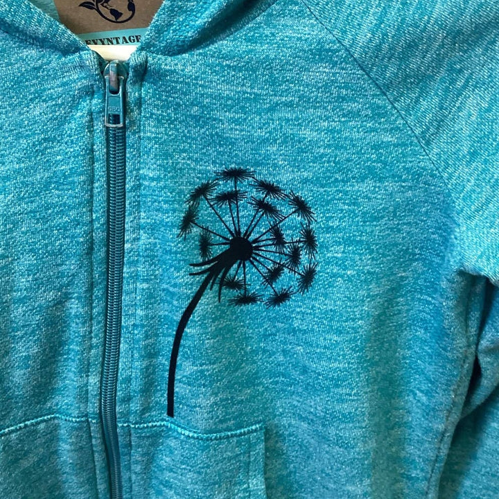 Hand Printed Upcycled Youth Medium Dandelion Wish Long Sleeve Full Zip Jacket