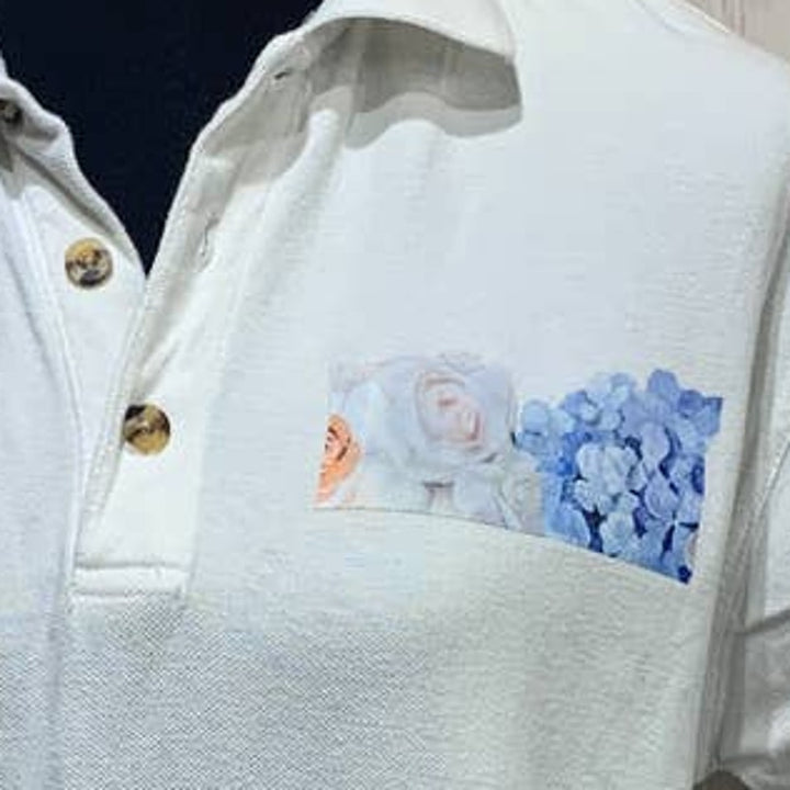 Upcycled Hand Printed Medium Short Sleeve Hydrangea Rose Collared Polo Shirt