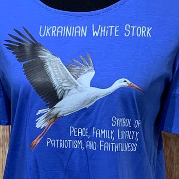 Upcycled Hand Printed Small Ukraine Flag Stork Bird Slava Ukraini Artist Tee