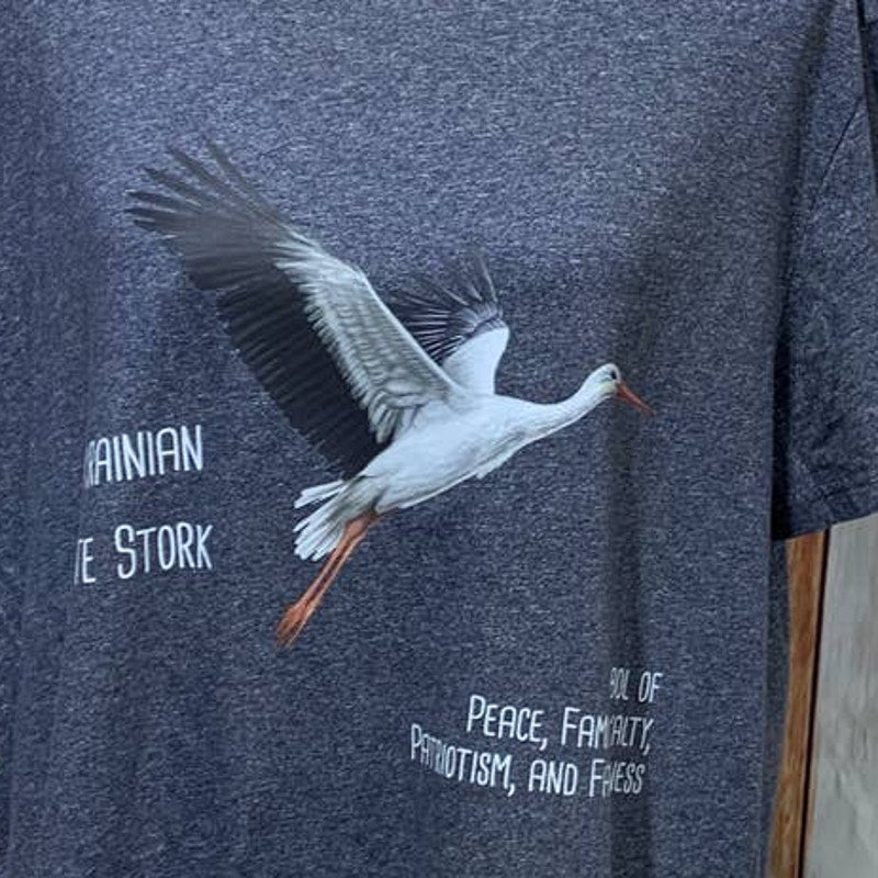 Upcycled Hand Printed Men Large Ukraine Flag Stork Bird Slava Ukraini Artist Tee