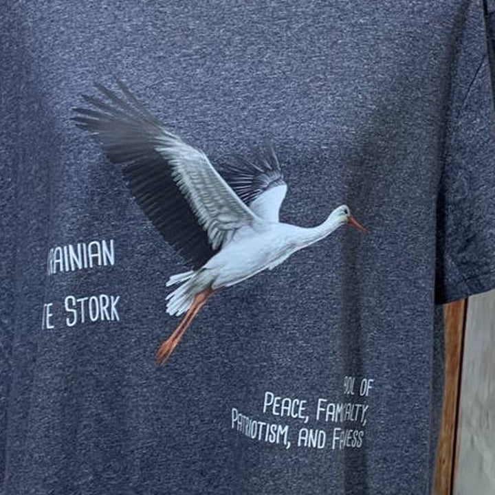 Upcycled Hand Printed Men Large Ukraine Flag Stork Bird Slava Ukraini Artist Tee