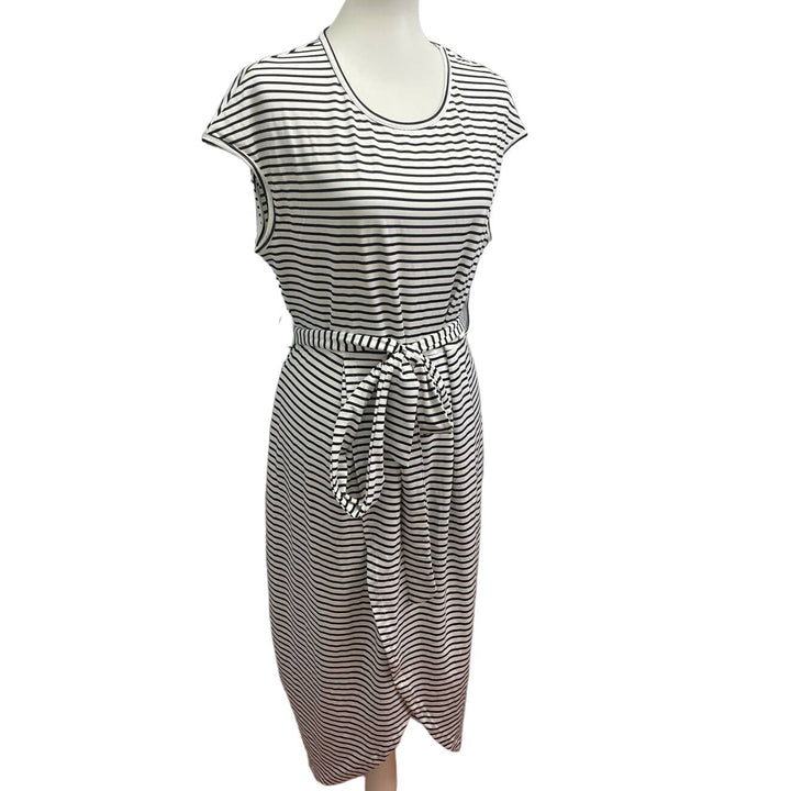 SHEIN 1X Cap Sleeve Polyester Blend Black White Striped Belted Wrap Dress