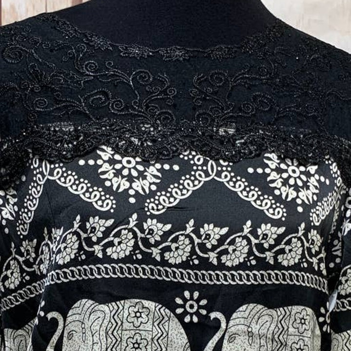 New Elephant Medium Black Lace Lightweight Long Sleeve Silky Long Sleeve Blouse