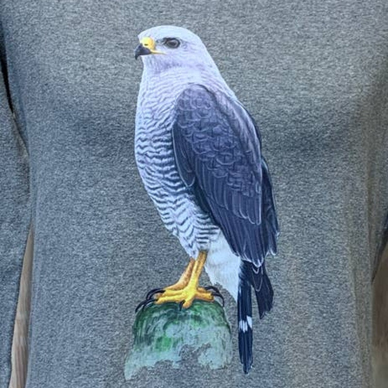 Hand Printed Upcycled Womens Large Gray Hawk Bird Long Sleeve Tee Shirt
