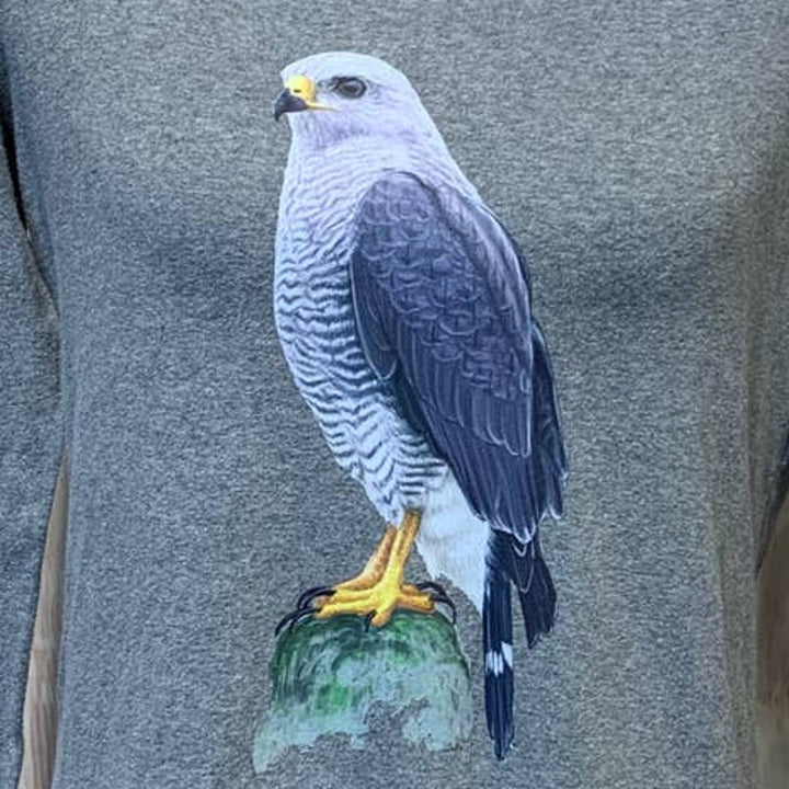 Hand Printed Upcycled Womens Large Gray Hawk Bird Long Sleeve Tee Shirt