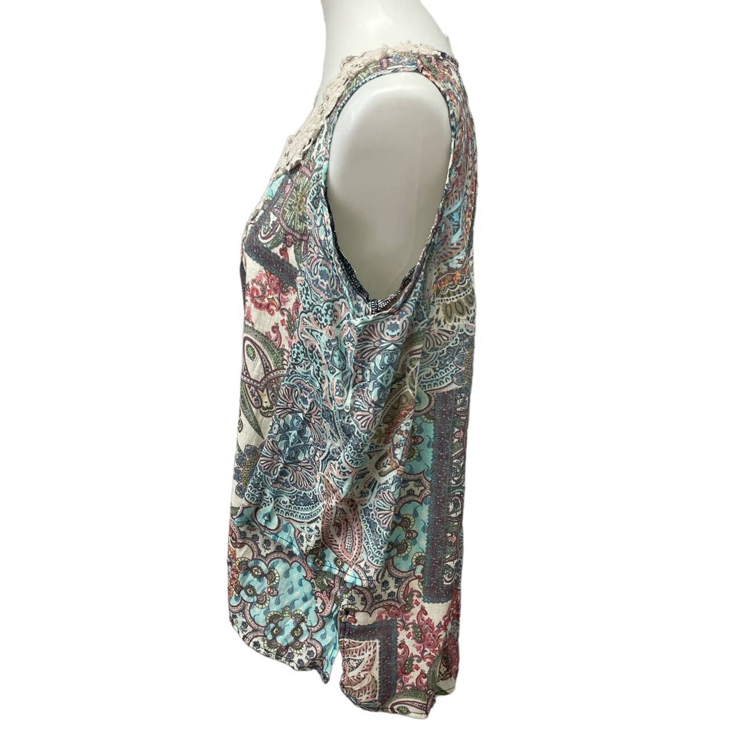 Spense Womens Medium Boho Patchwork Lace Cold Shoulder Bell Sleeve Paisley Top