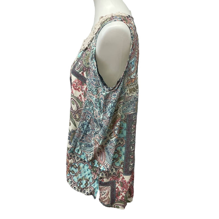 Spense Womens Medium Boho Patchwork Lace Cold Shoulder Bell Sleeve Paisley Top