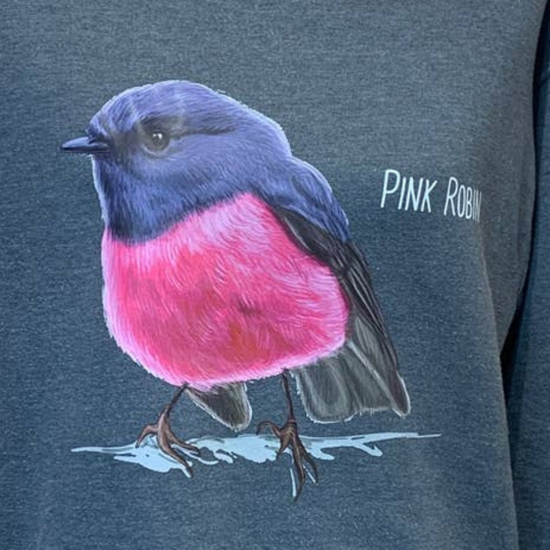 Upcycled Hand Printed Medium Pink Robin Ukraine Artist Fundraiser Sweatshirt