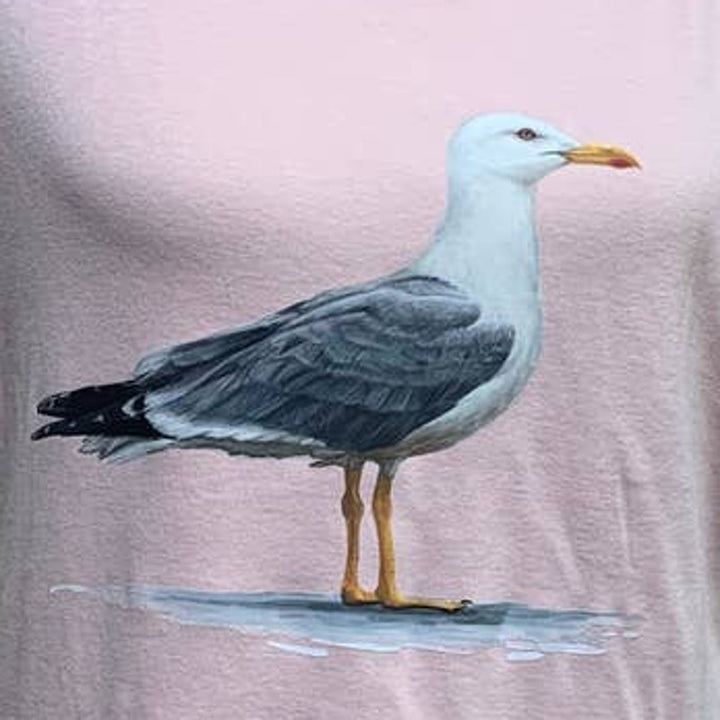 Hand Printed Upcycled Womens Large Watercolor Summer Seagull Bird Scoop Neck Tee