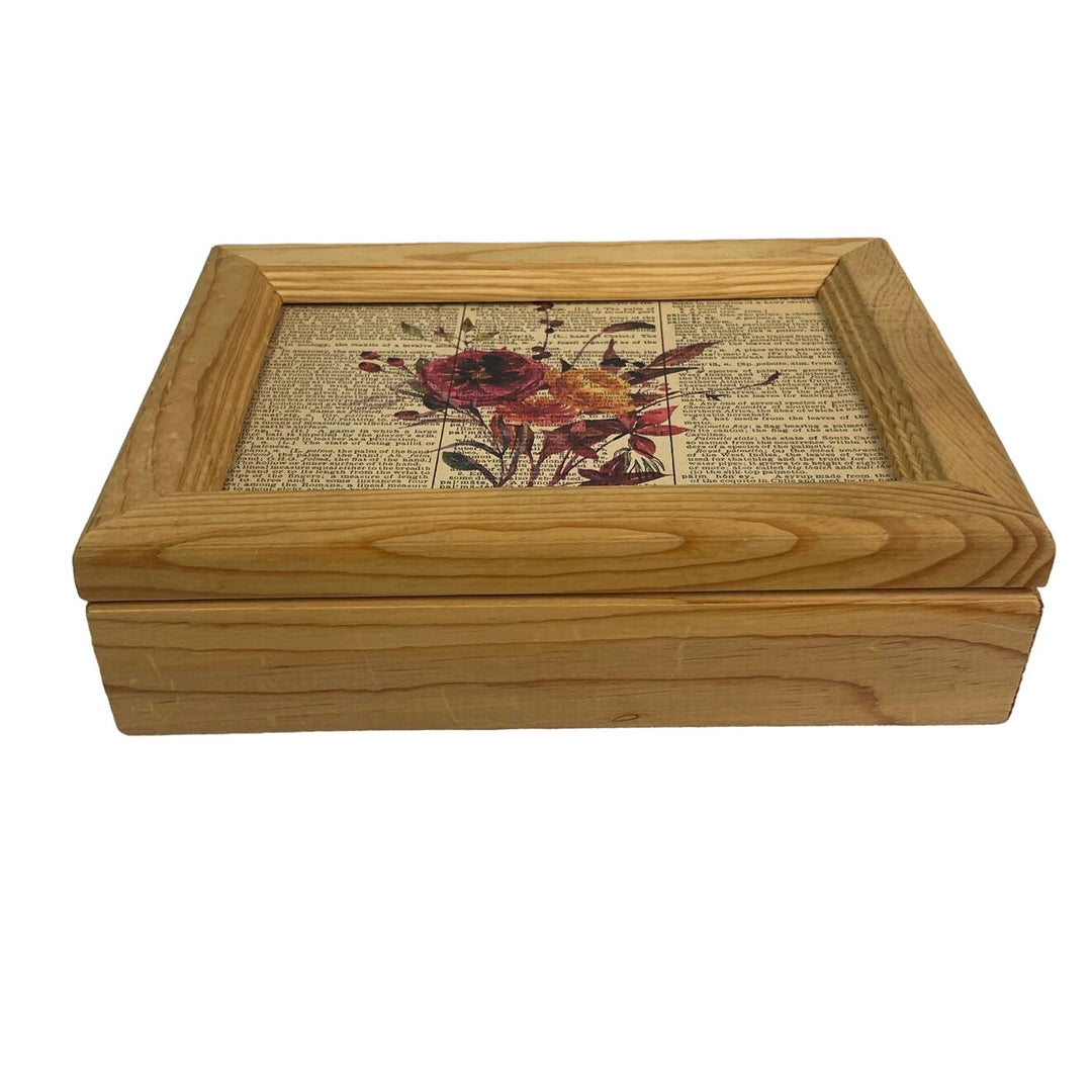 Handmade Upcycled Wood Trinket Box Peony Floral Bouquet Vintage Dictionary Page