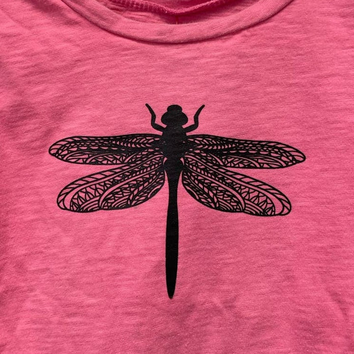 Hand Printed Upcycled Girls 2T Dragonfly Short Sleeve Cotton Blend Crew Neck Tee