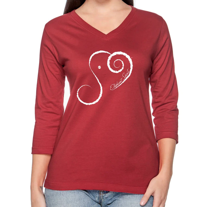 New Hand Printed Medium Elephant Spirit 100% Cotton V-Neck 3/4 Sleeve T-Shirt