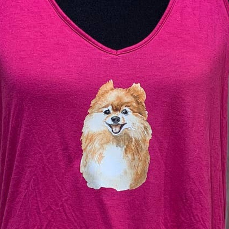 Hand Printed Upcycled Medium Pomeranian Puppy Dog Crochet Back Pink Tank Top