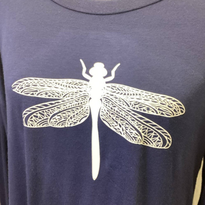 Hand Printed Upcycled Large Dragonfly Scoop Neck Long Sleeve Tunic / Short Dress