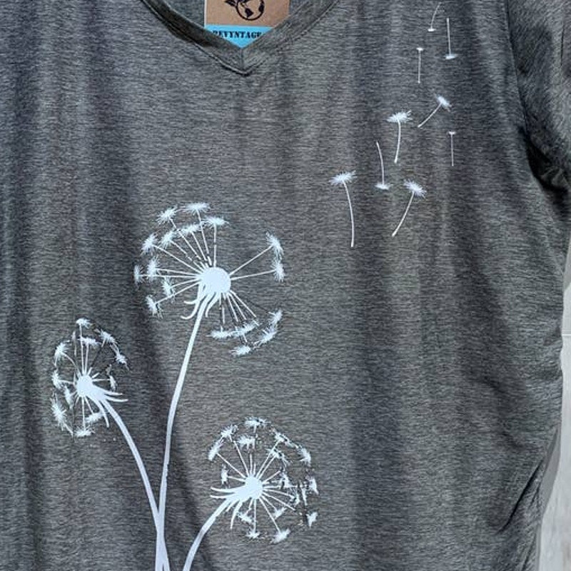 Hand Printed Upcycled Maternity Small Dandelion Wish Polyester Blend Tee