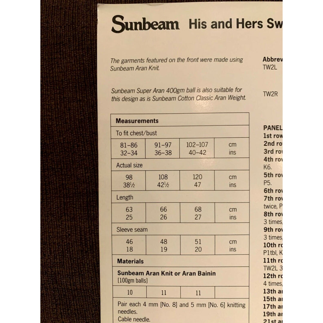 New Sunbeam Aran Knit 1497 His Hers Diamond Moss Stitch Sweater Knitting Pattern