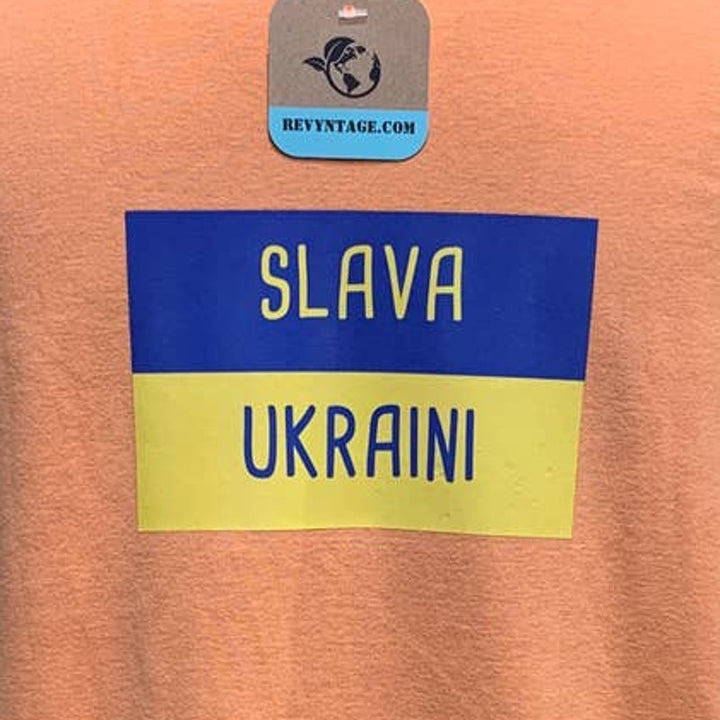 Upcycled Hand Printed Large Ukraine Peace Stork Bird Slava Ukraini Artist Tee