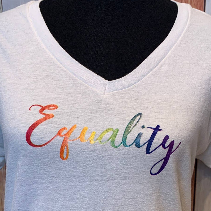 Hand Printed Womens Medium Upcycled June Pride Month Rainbow Equality V-Neck Tee