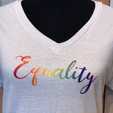 Hand Printed Womens Medium Upcycled June Pride Month Rainbow Equality V-Neck Tee